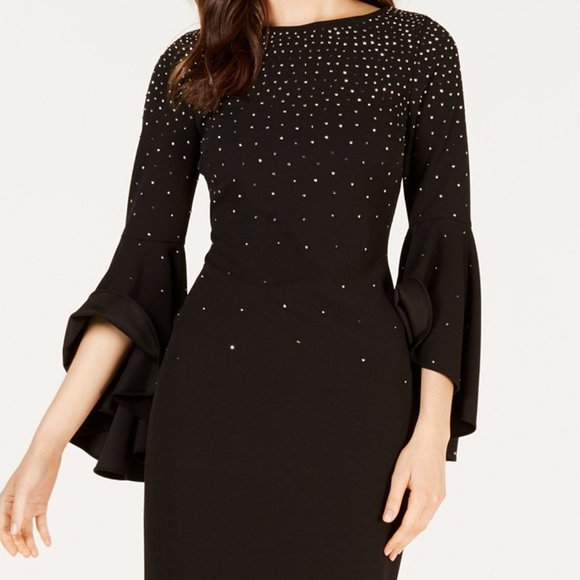calvin klein embellished bell sleeve sheath dress